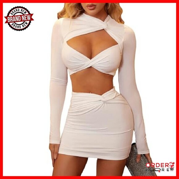 Sexy Two Piece Skirt Set Long Sleeve Crop Top Cut Out Twist Front Bodycon - Picture 2 of 7
